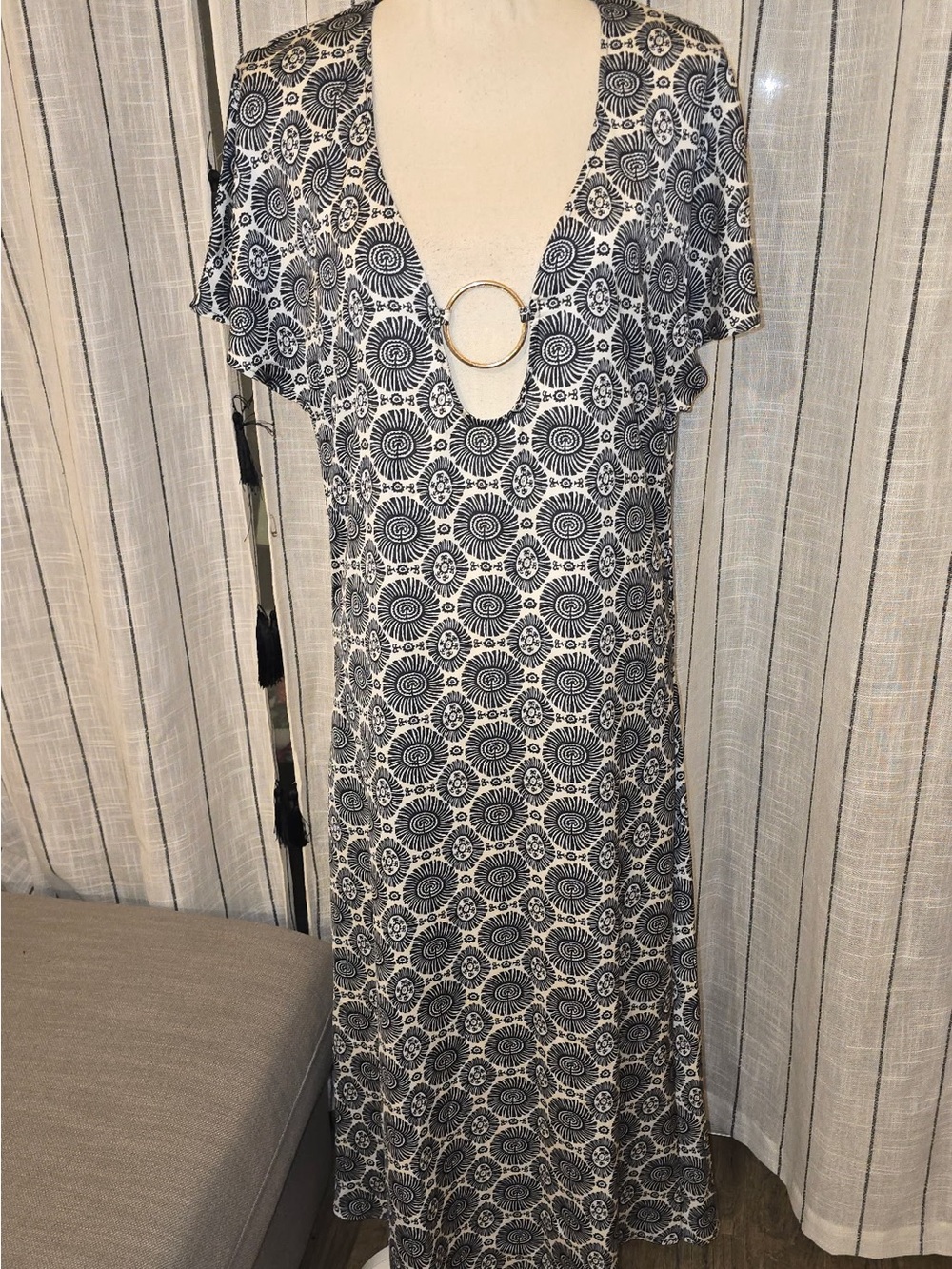 SOLID & STRIPED Black and White Geometric Ring-Front Maxi Dress
